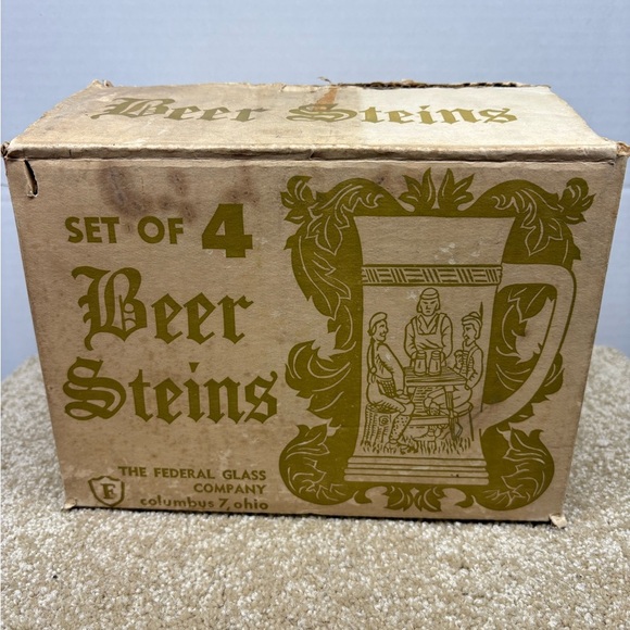 Federal Set Of 4 Milk Glass Beer Steins In Original Box MCM Made In The USA Bar - Picture 2 of 5